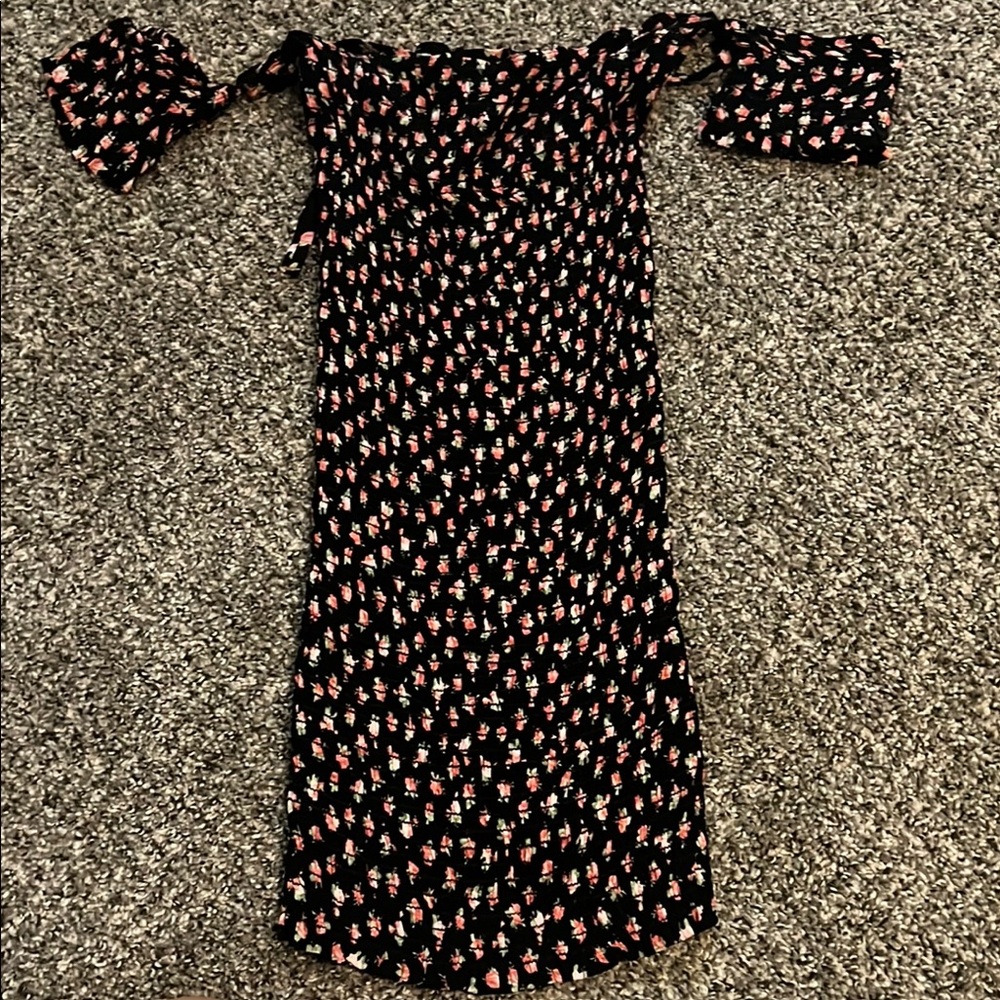Elegant Black and Pink Floral Dress. Off the shoulder.
